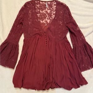 Free People Lace Short Swing Dress Burgundy Long Bell Sleeve Size L Boho
